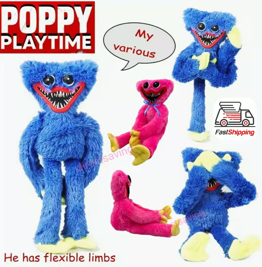 huggie wuggie Plush toys with flexible limbs on a white background, featuring 'Poppy Playtime' branding.