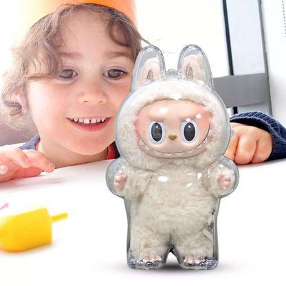 labubu Child with a transparent toy figure of a character with bunny ears on a white background