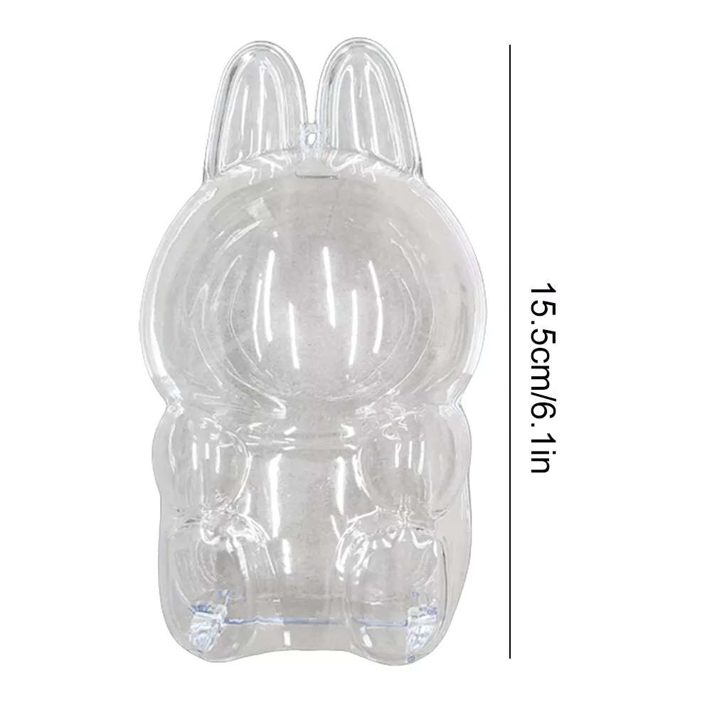 labubu Clear inflatable bunny-shaped pool float with dimensions on a white background