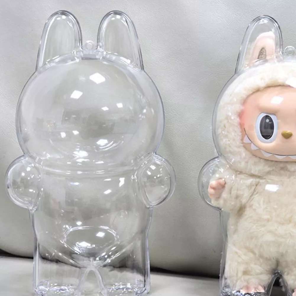 labubu Clear rabbit-shaped container with a fluffy white toy inside, on a neutral background