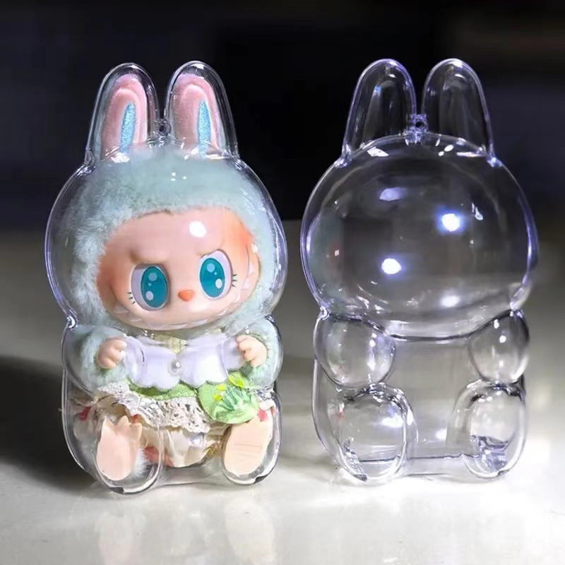 labubu Toy figure in a transparent case with a dark background
