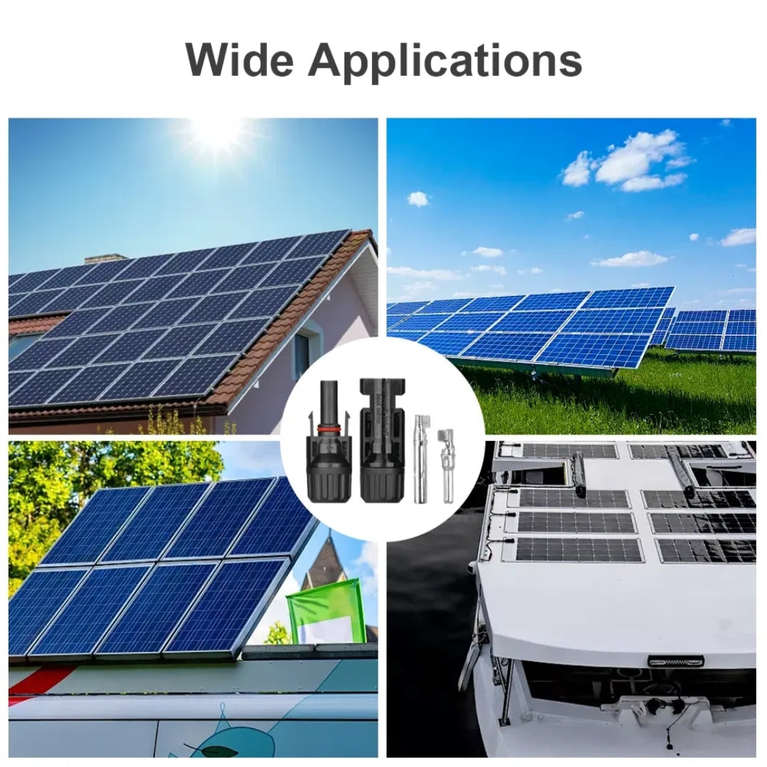 mc4 connector Solar panels on various surfaces with a clear blue sky.