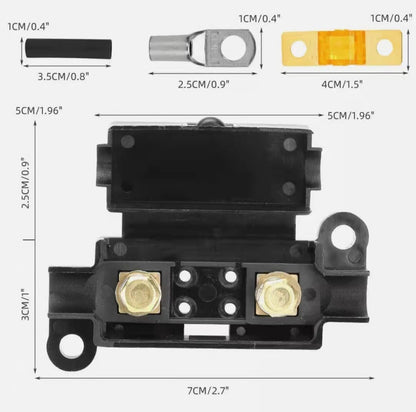 midi fuse kit Black electrical terminal block with gold connectors and dimensions labeled on a white background