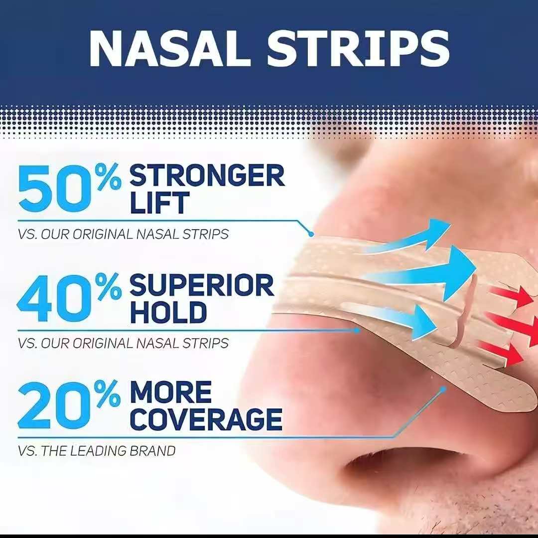 Advertisement for nasal strips with text highlighting features on a white background