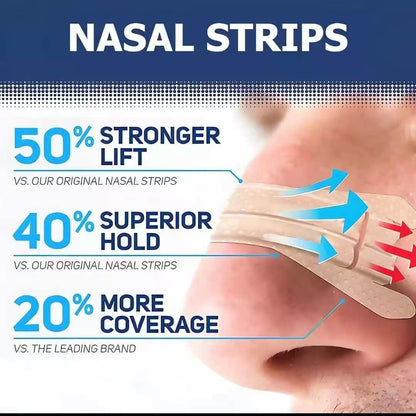 Advertisement for nasal strips with text highlighting features on a white background