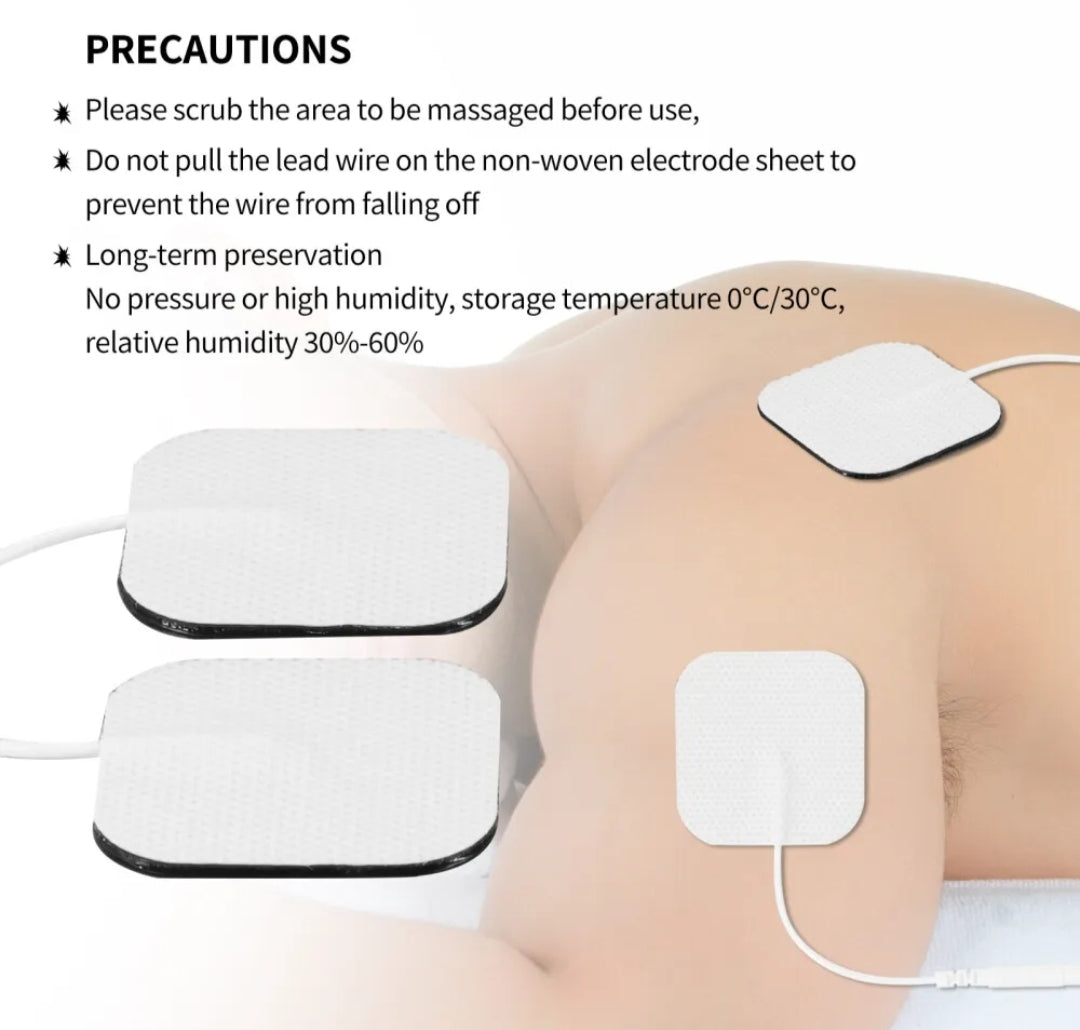 ten machine Electrode pads on a person's skin with usage instructions displayed.