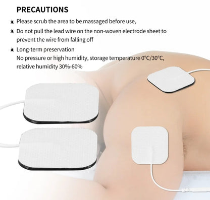 ten machine Electrode pads on a person's skin with usage instructions displayed.