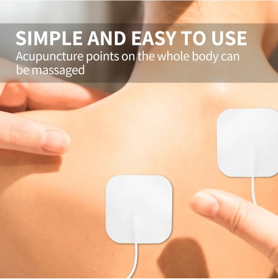 tens machine Electrodes attached to a person's skin with text about simple and easy use for acupuncture points.
