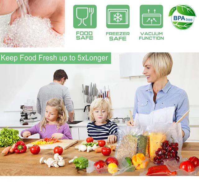 Family in a kitchen with food items and vacuum sealer bags features highlighted