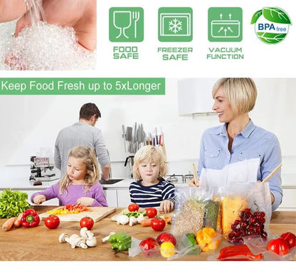 Family in a kitchen with food items and vacuum sealer bags features highlighted